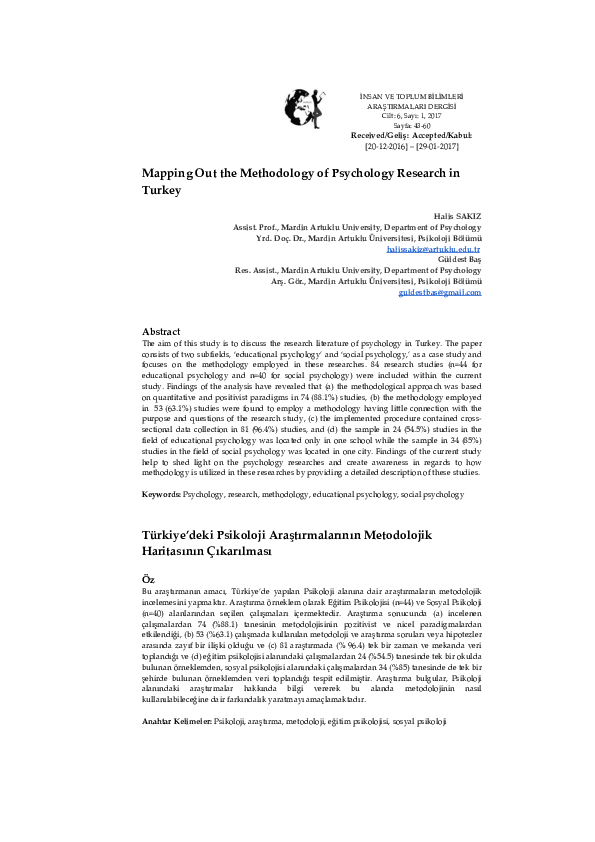 (PDF) Mapping Out the Methodology of Psychology Research in Turkey