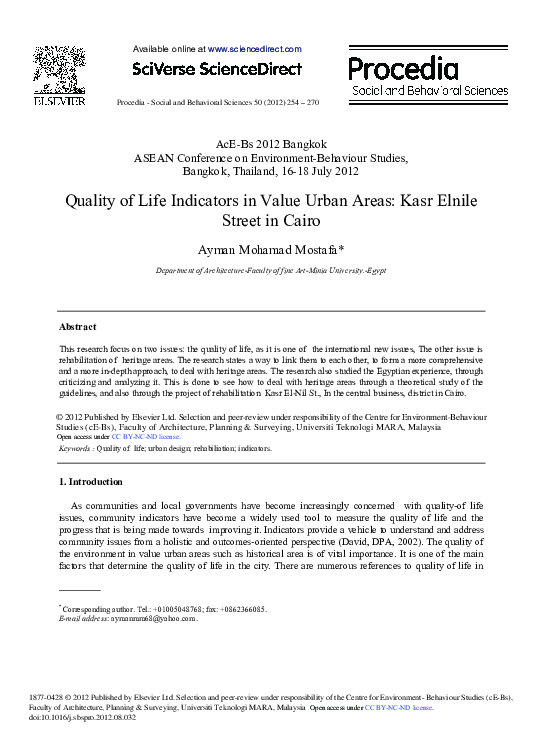 (PDF) Quality of Life Indicators in Value Urban Areas: Kasr Elnile ...