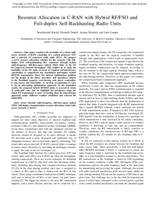 (PDF) Resource Allocation in C-RAN with Hybrid RF/FSO and Full-duplex ...