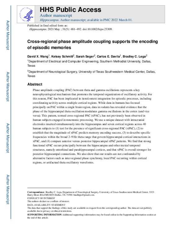 (PDF) Cross‐regional phase amplitude coupling supports the encoding of ...