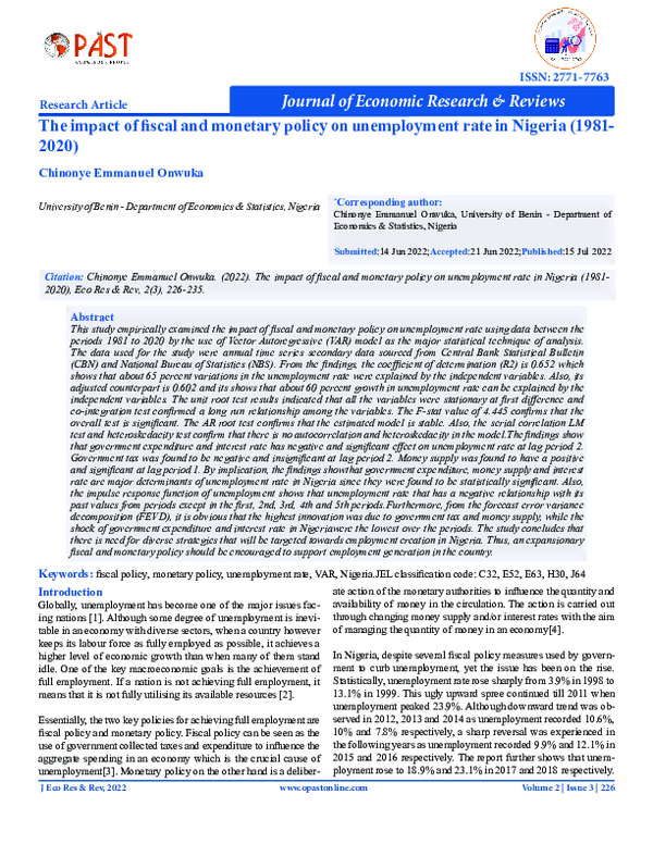 (PDF) The Impact of Fiscal and Monetary Policy on Unemployment Rate in ...