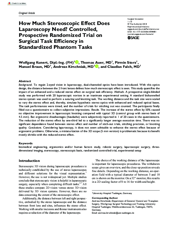 (PDF) How Much Stereoscopic Effect Does Laparoscopy Need? Controlled ...