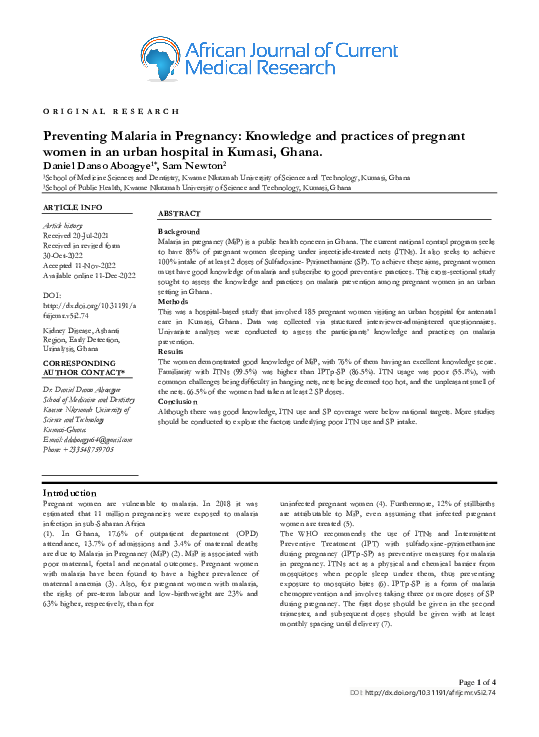 (PDF) Preventing Malaria in Pregnancy: Knowledge and practices of ...