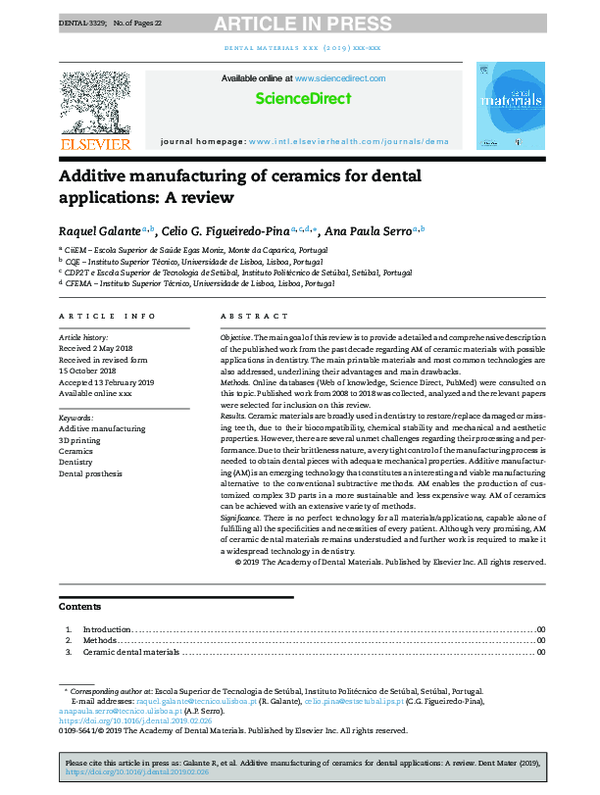 (PDF) Additive manufacturing of ceramics for dental applications: A review