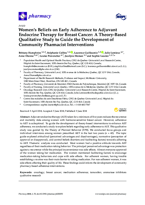 (PDF) Women's Beliefs on Early Adherence to Adjuvant Endocrine Therapy ...