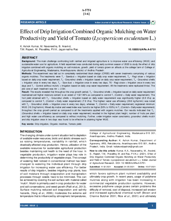 (PDF) ↵ Effect of Drip Irrigation Combined Organic Mulching on Water ...