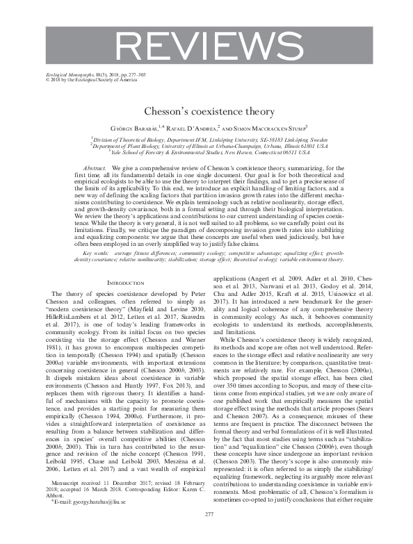 (PDF) Chesson's coexistence theory