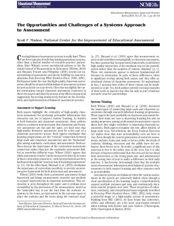 (PDF) The Opportunities and Challenges of a Systems Approach to Assessment
