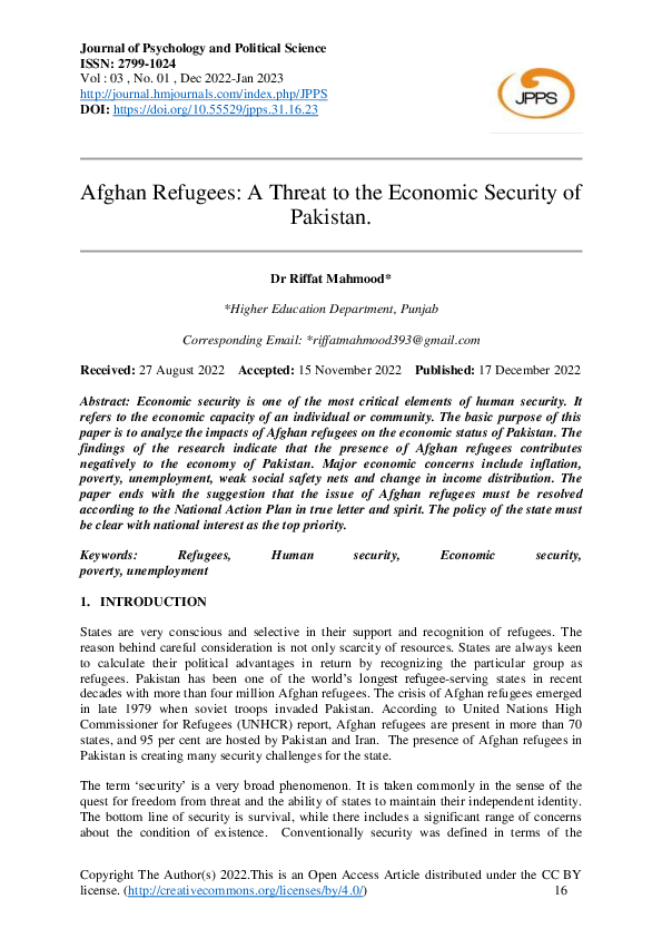 (PDF) Afghan Refugees: A Threat to the Economic Security of Pakistan
