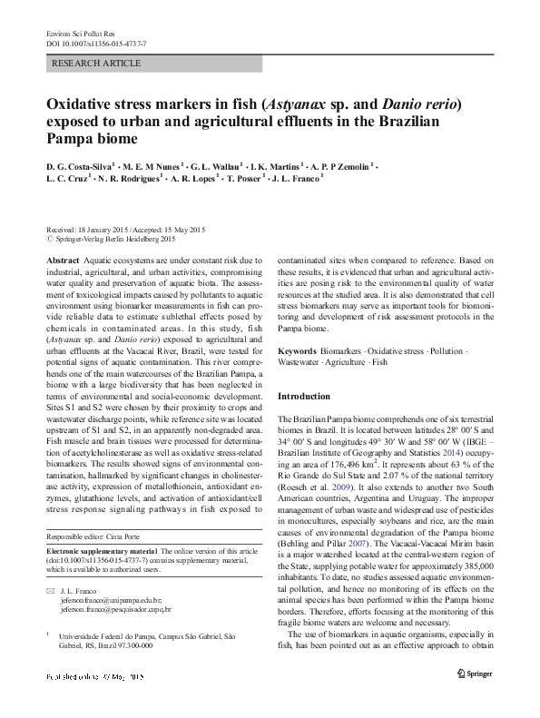 (PDF) Oxidative stress markers in fish (Astyanax sp. and Danio rerio ...