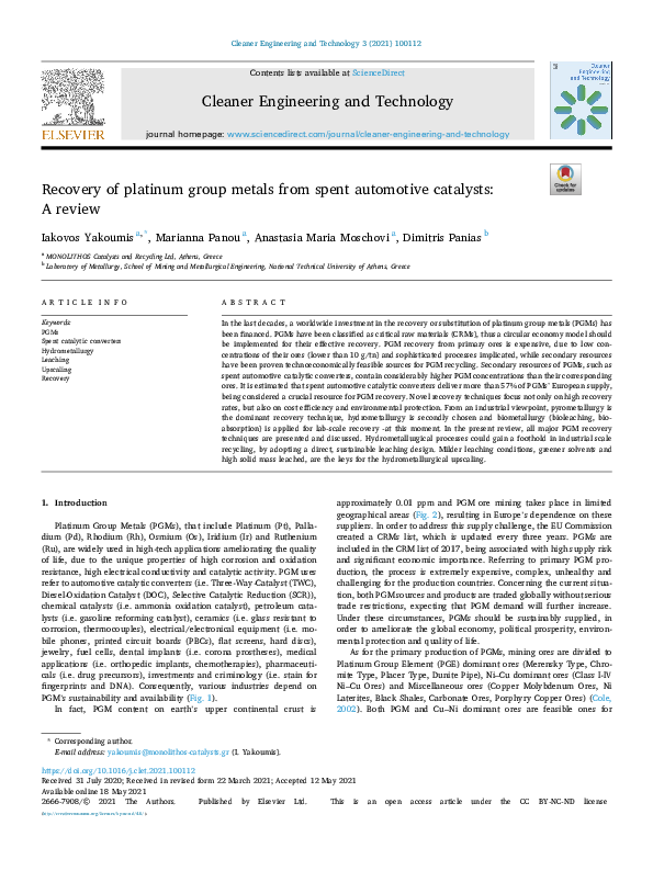 (PDF) Recovery of platinum group metals from spent automotive catalysts