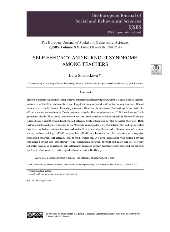 (PDF) Self-Efficacy and Burnout Syndrome Among Teachers
