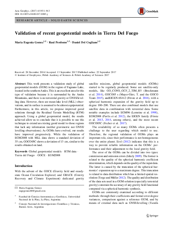 (PDF) Validation of recent geopotential models in Tierra Del Fuego