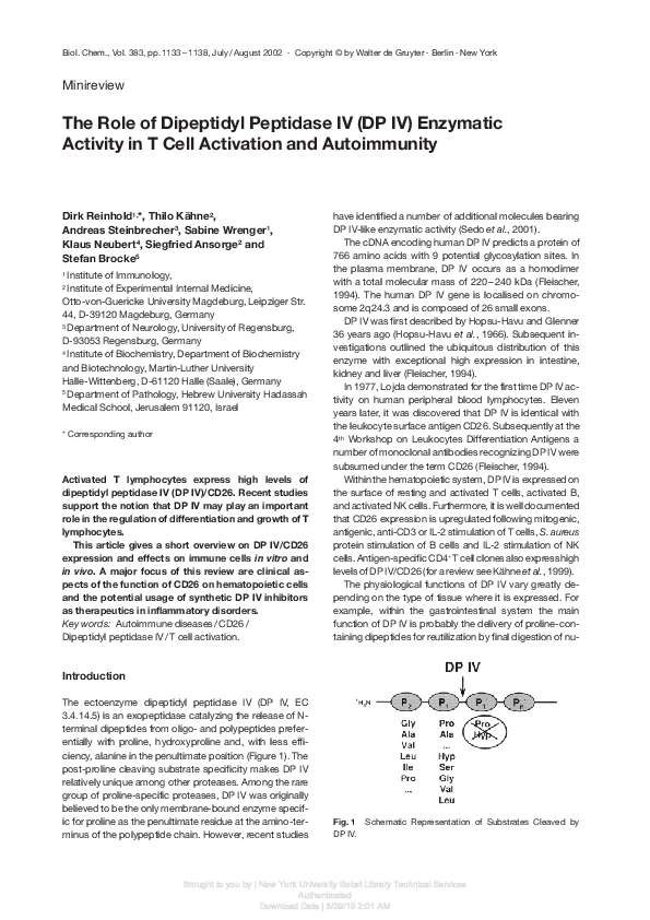 (PDF) The Role of Dipeptidyl Peptidase IV (DP IV) Enzymatic Activity in ...