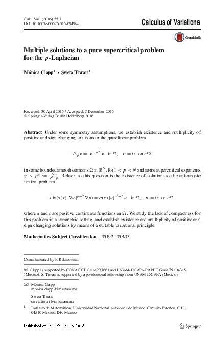 (PDF) Multiple solutions to a pure supercritical problem for the p ...