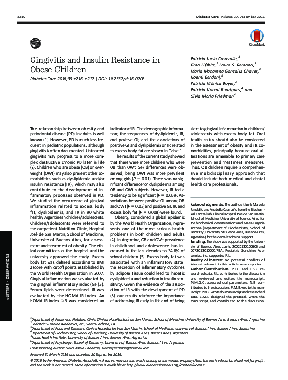 (PDF) Gingivitis and Insulin Resistance in Obese Children