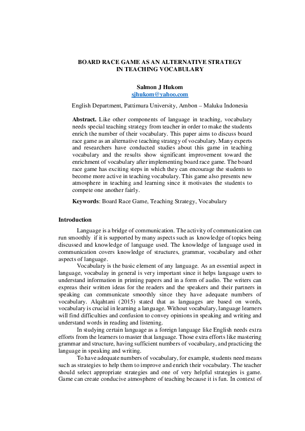 (PDF) Board Race Game as an Alternative Strategy in Teaching Vocabulary