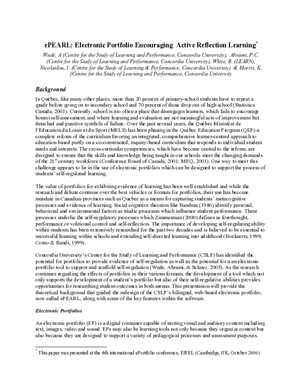 (PDF) ePEARL: Electronic Portfolio Encouraging Active Reflection Learning