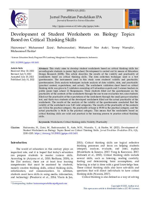 (PDF) Development of Student Worksheets on Biology Topics Based on ...