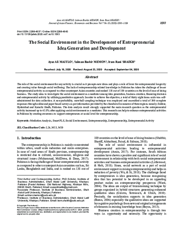 (PDF) The Social Environment in the Development of Entrepreneurial Idea ...