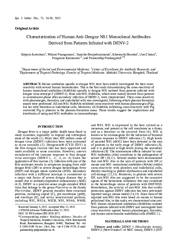 (PDF) Characterization of Human Anti-Dengue NS1 Monoclonal Antibodies ...