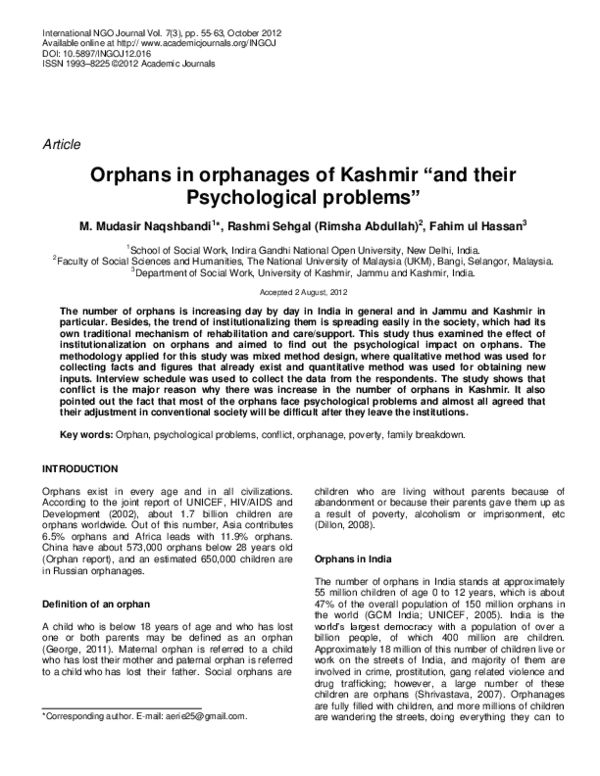 (PDF) Orphans in orphanages of Kashmir and their Psychological problems
