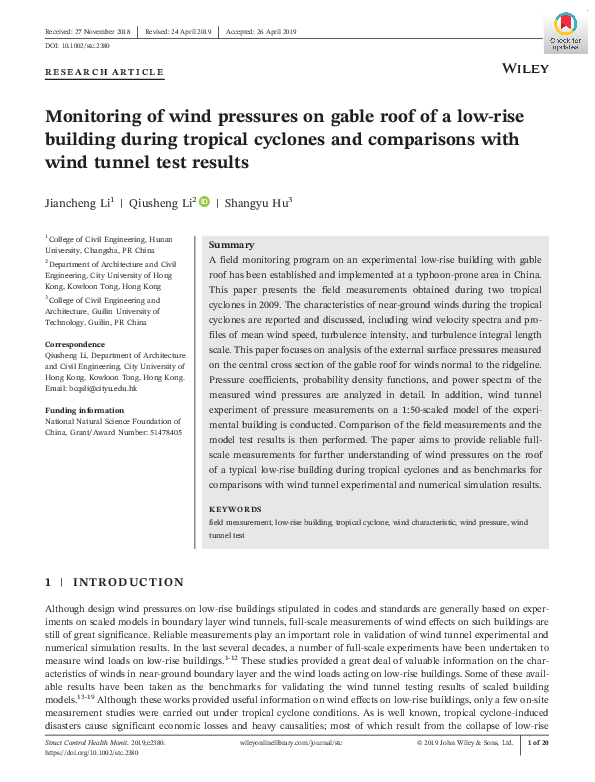 (PDF) Monitoring of wind pressures on gable roof of a low‐rise building ...