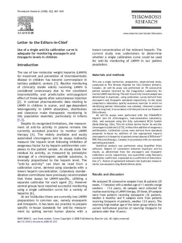(PDF) Use of a single antiXa calibration curve is adequate for monitoring enoxaparin and