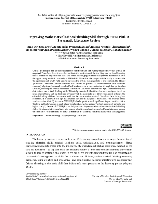 (PDF) Improving Mathematical Critical Thinking Skill through STEM-PjBL ...