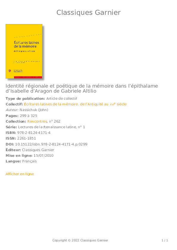 (PDF) Identité régionale et poétique de la mémoire dans l'épithalame d