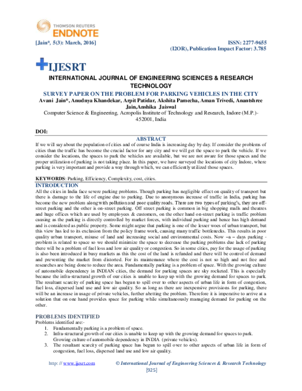(PDF) Survey Paper on the Problem for Parking Vehicles in the City