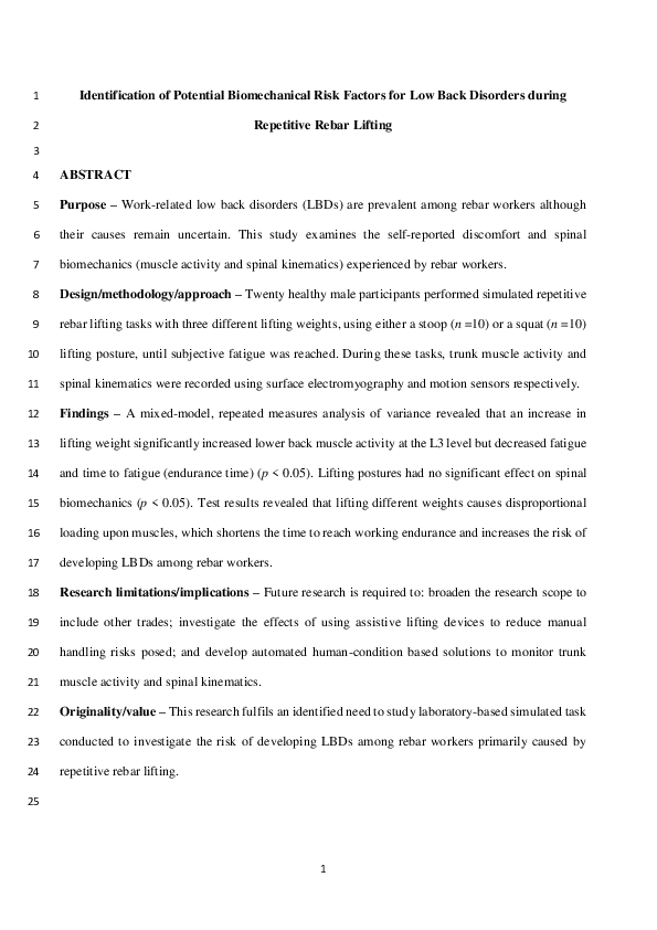 (PDF) Identification of potential biomechanical risk factors for low ...