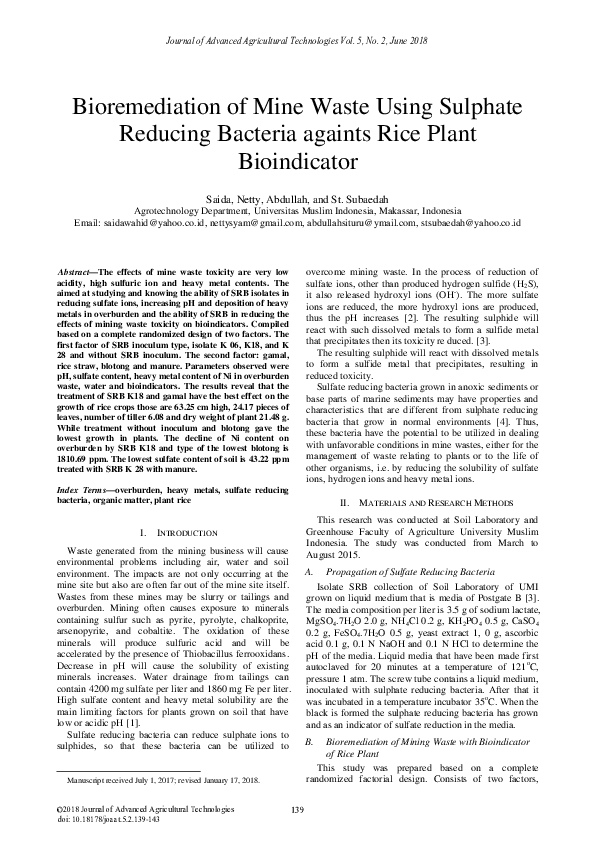 (PDF) Bioremediation of Mine Waste Using Sulphate Reducing Bacteria ...