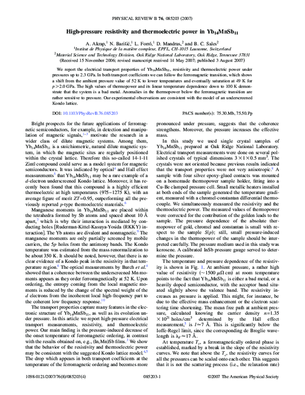 (PDF) High-pressure resistivity and thermoelectric power inYb14MnSb11