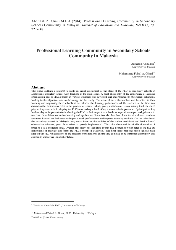 (PDF) Professional Learning Community in Secondary Schools Community in ...