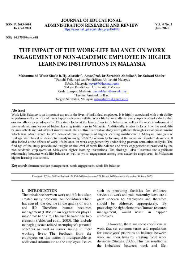 (PDF) The Impact of the Work-Life Balance on Work Engagement of Non ...