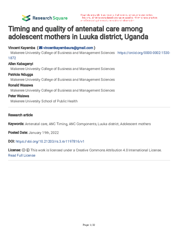 (PDF) Timing and quality of antenatal care among adolescent mothers in ...