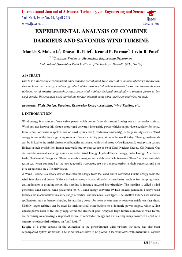 (PDF) Experimental Analysis of Combine Darrieus and Savonius Wind Turbine