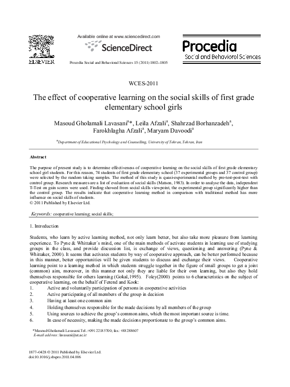 (PDF) The effect of cooperative learning on the social skills of first ...
