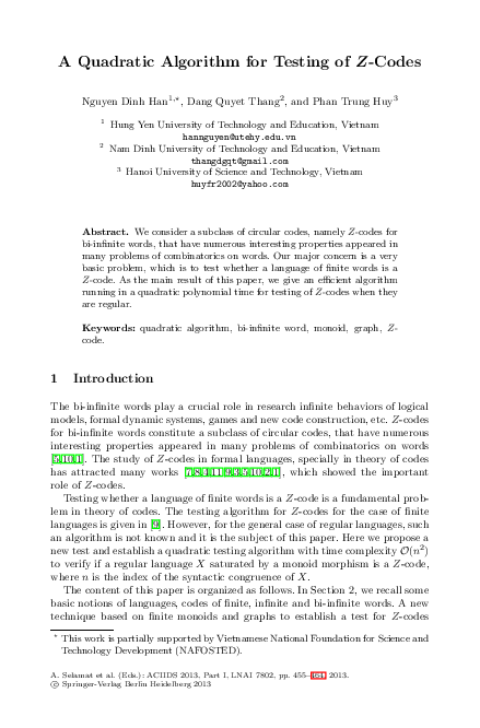 (PDF) A Quadratic Algorithm for Testing of Z-Codes