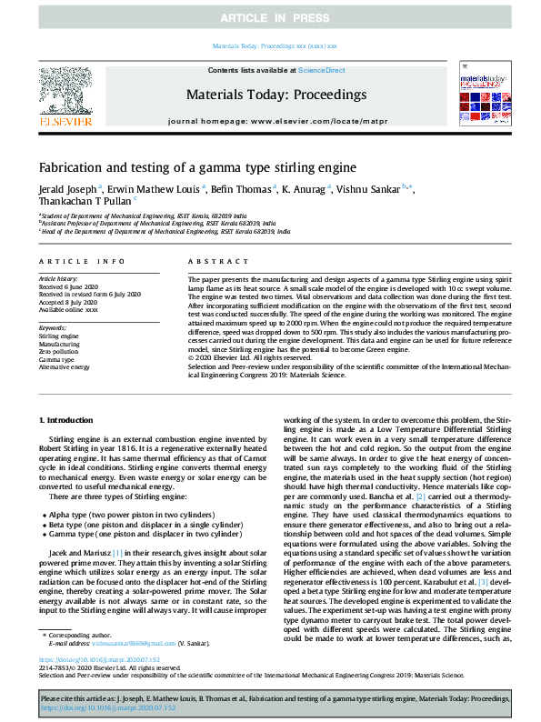 (PDF) Fabrication and testing of a gamma type stirling engine