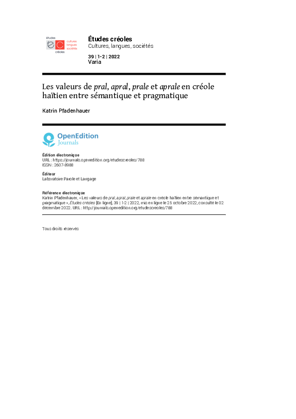 (PDF) Les valeurs de pral, apral, prale et aprale en créole haïtien ...