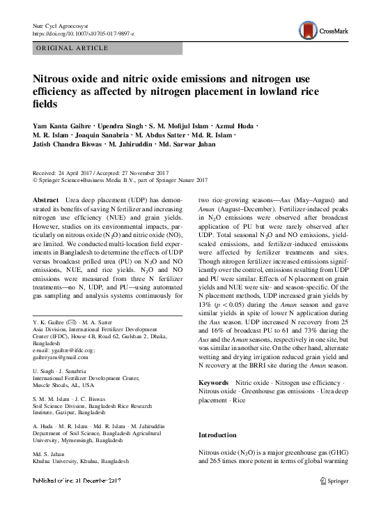 (PDF) Nitrous oxide and nitric oxide emissions and nitrogen use ...