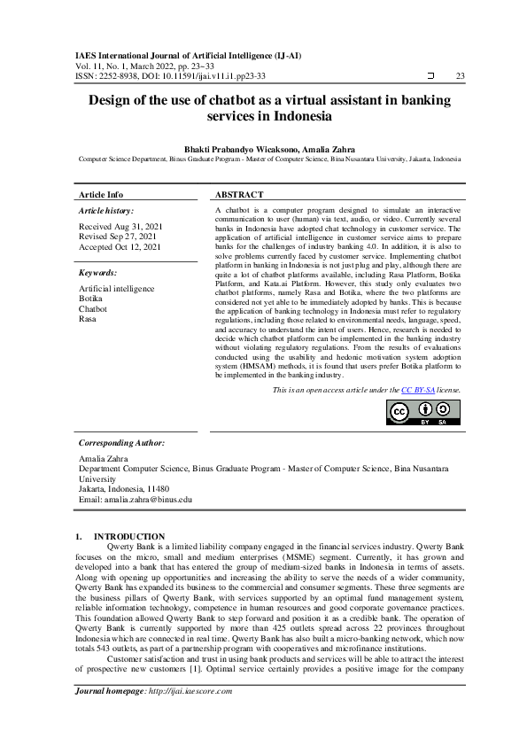 (PDF) Design of the use of chatbot as a virtual assistant in banking ...