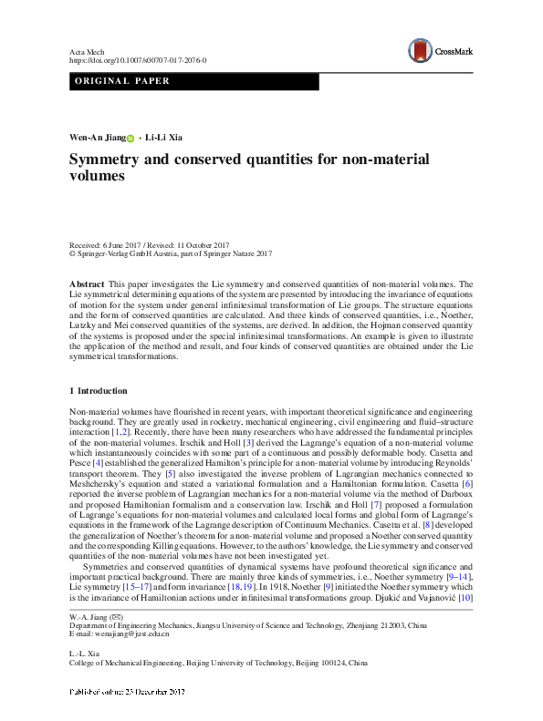 (PDF) Symmetry and conserved quantities for non-material volumes