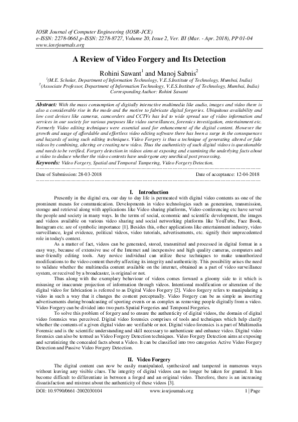 (PDF) A Review of Video Forgery and Its Detection