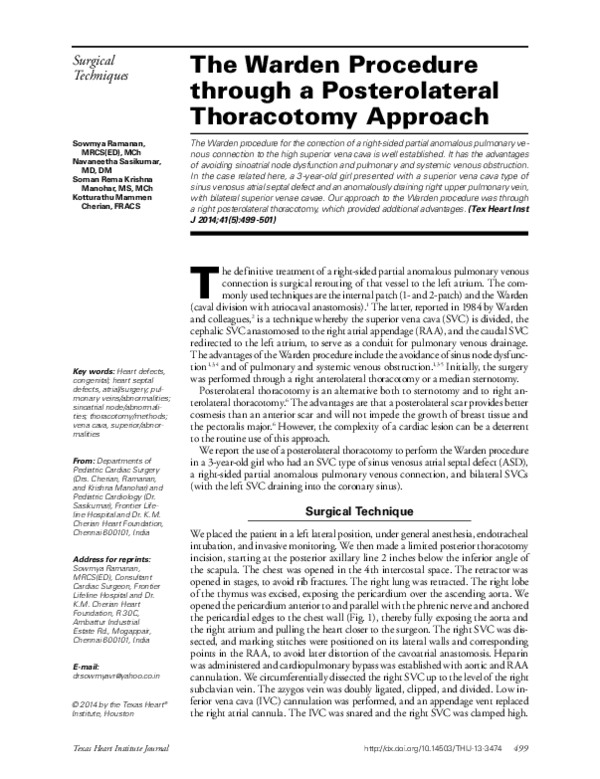 (PDF) The Warden Procedure through a Posterolateral Thoracotomy