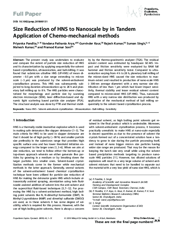 (PDF) Size Reduction of HNS to Nanoscale by in Tandem Application of ...