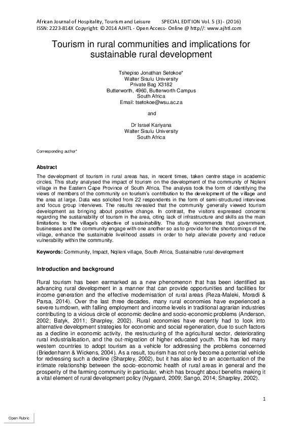 (PDF) Tourism in rural communities and implications for sustainable ...