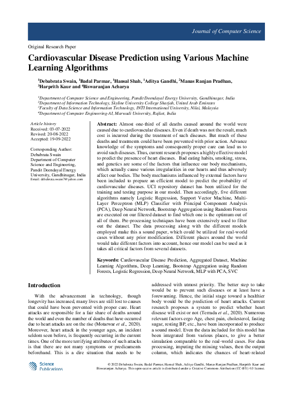 (PDF) Cardiovascular Disease Prediction using Various Machine Learning ...